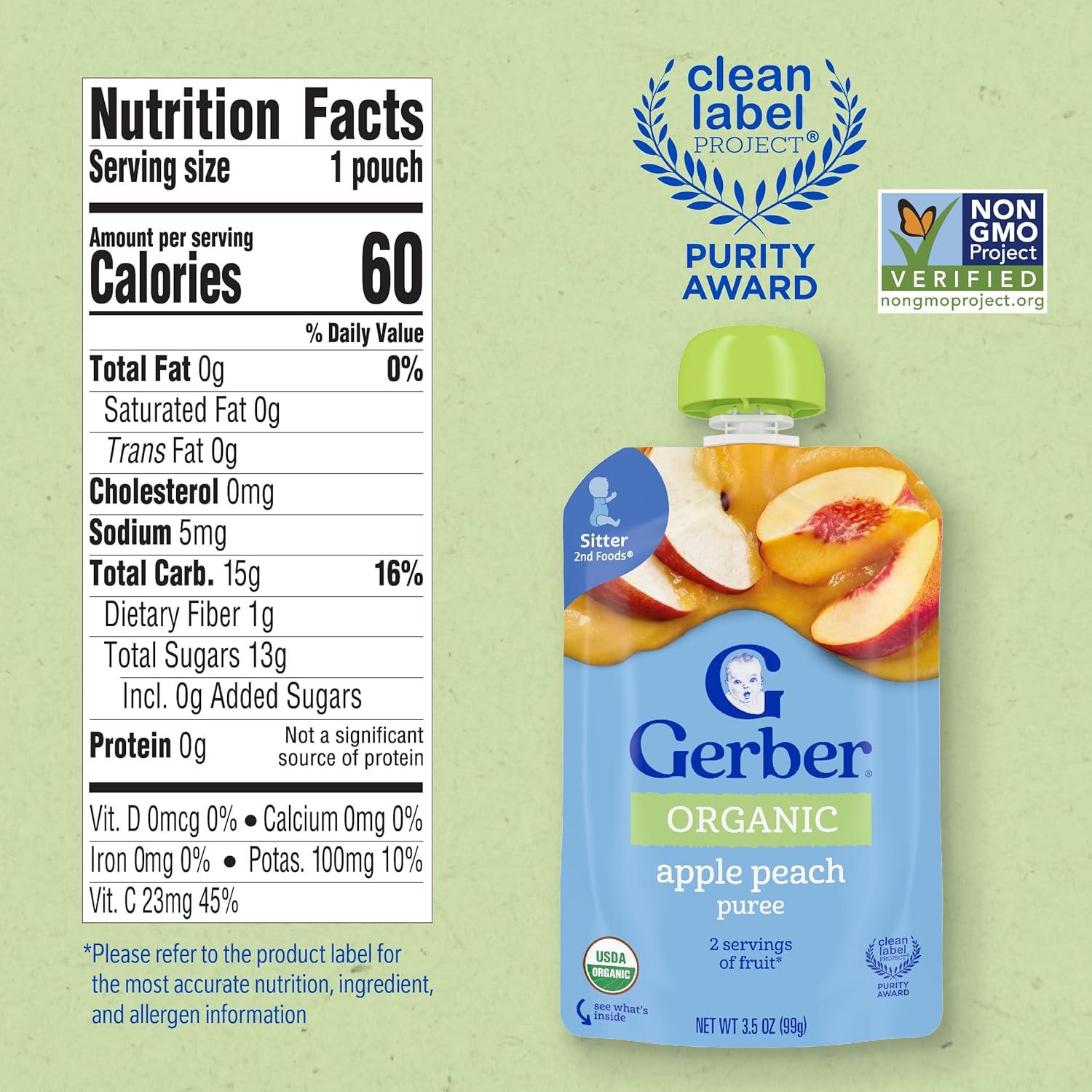 Puré de manzana y durazno orgánico Gerber 2 porciones 12 bolsas