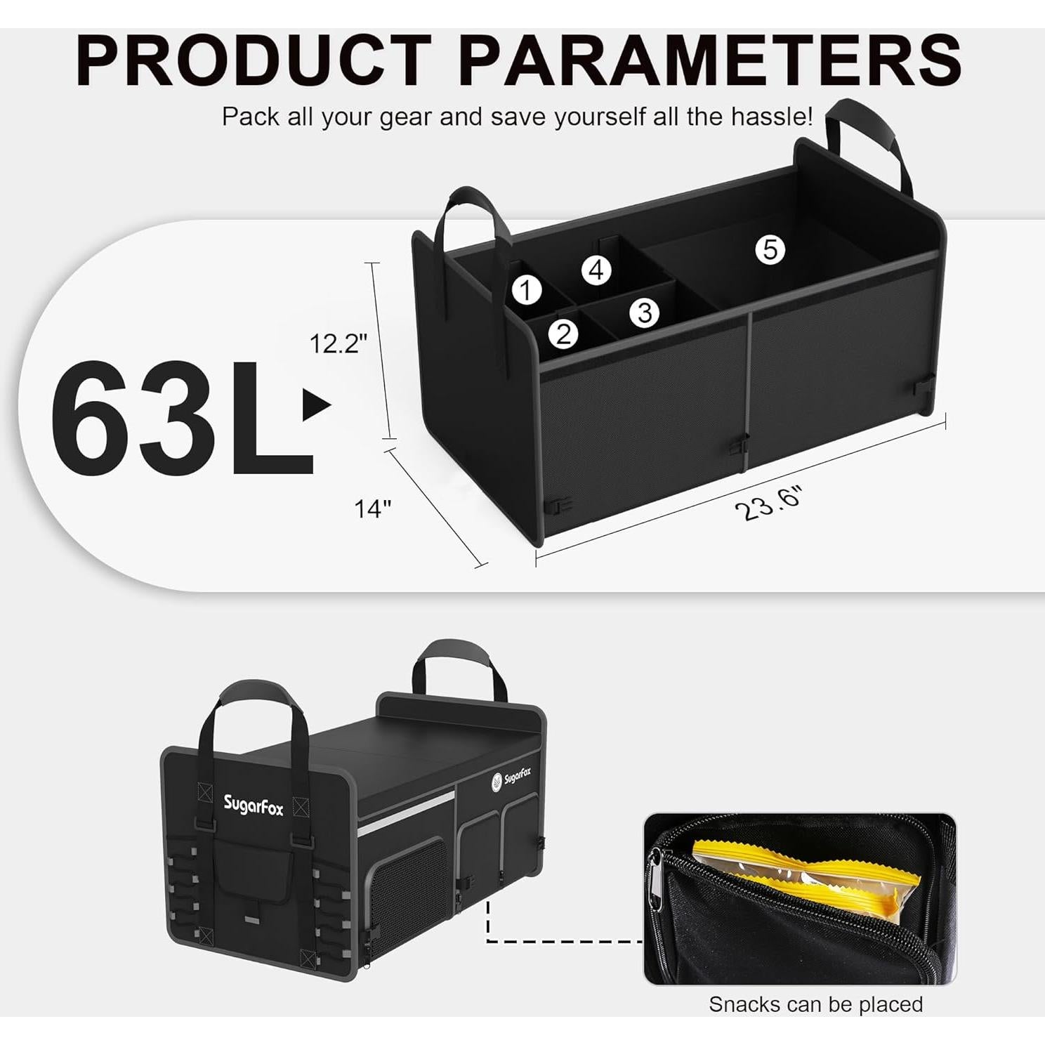 Organizador de Maletero SugarFox 63L Impermeable Plegable Negro