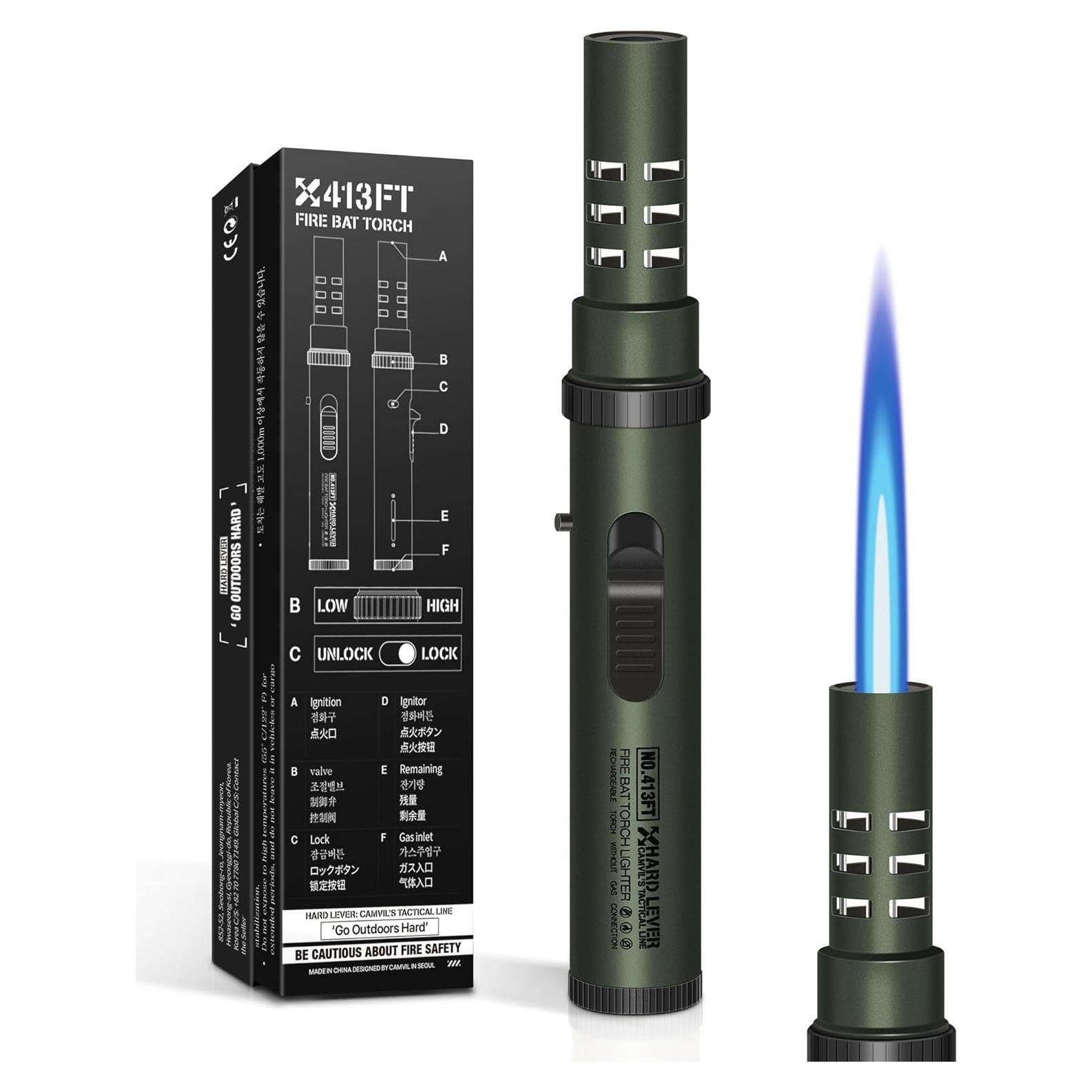 Encendedor de Antorcha Butano CAMVIL Verde Militar 1300°C