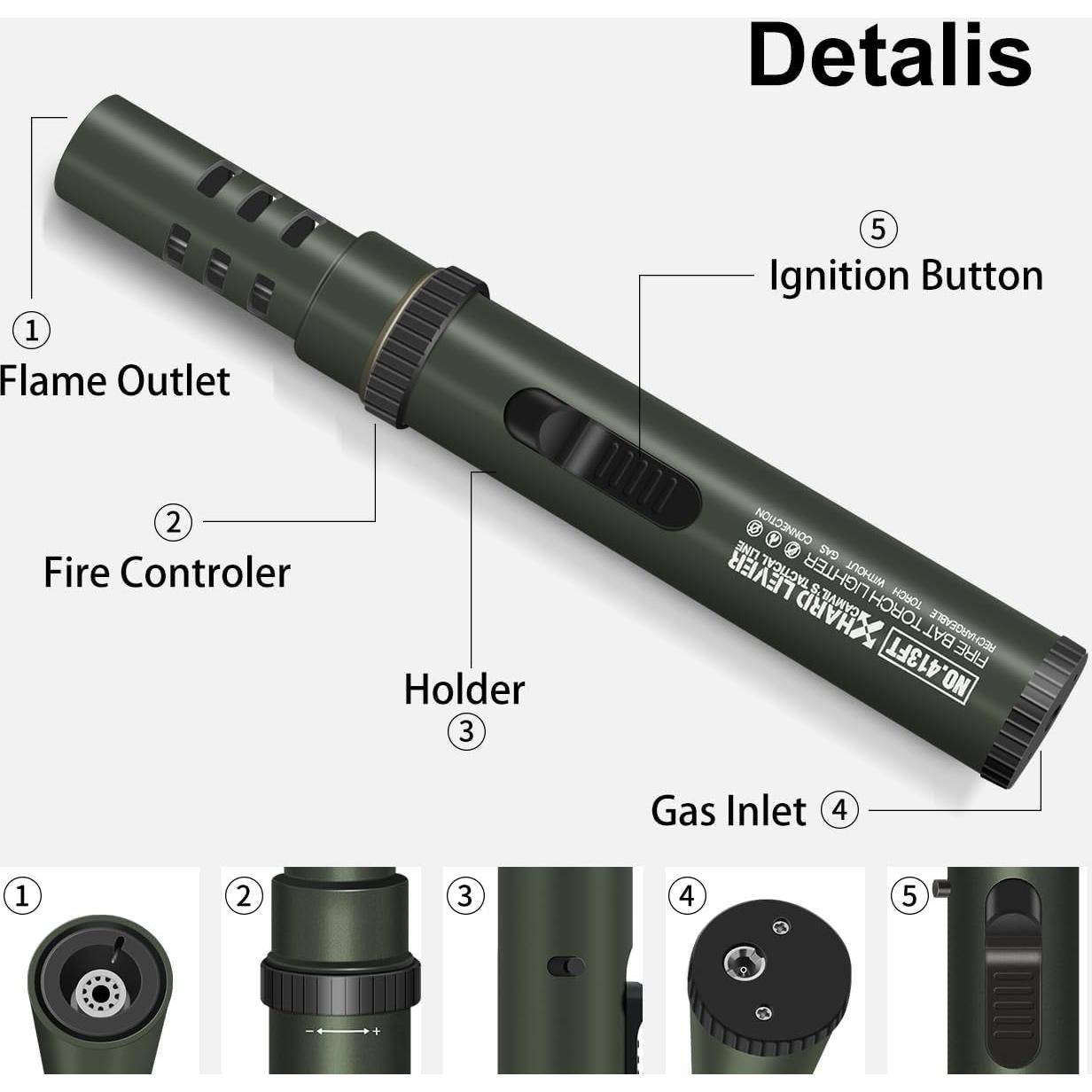 Encendedor de Antorcha Butano CAMVIL Verde Militar 1300°C