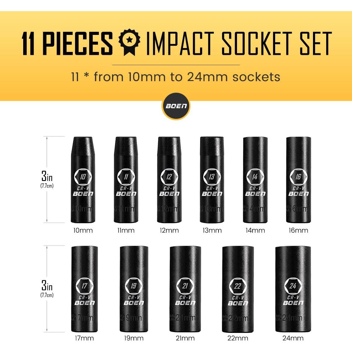 Juego de Enchufes de Impacto Profundo BOEN 11 Piezas 10-24mm