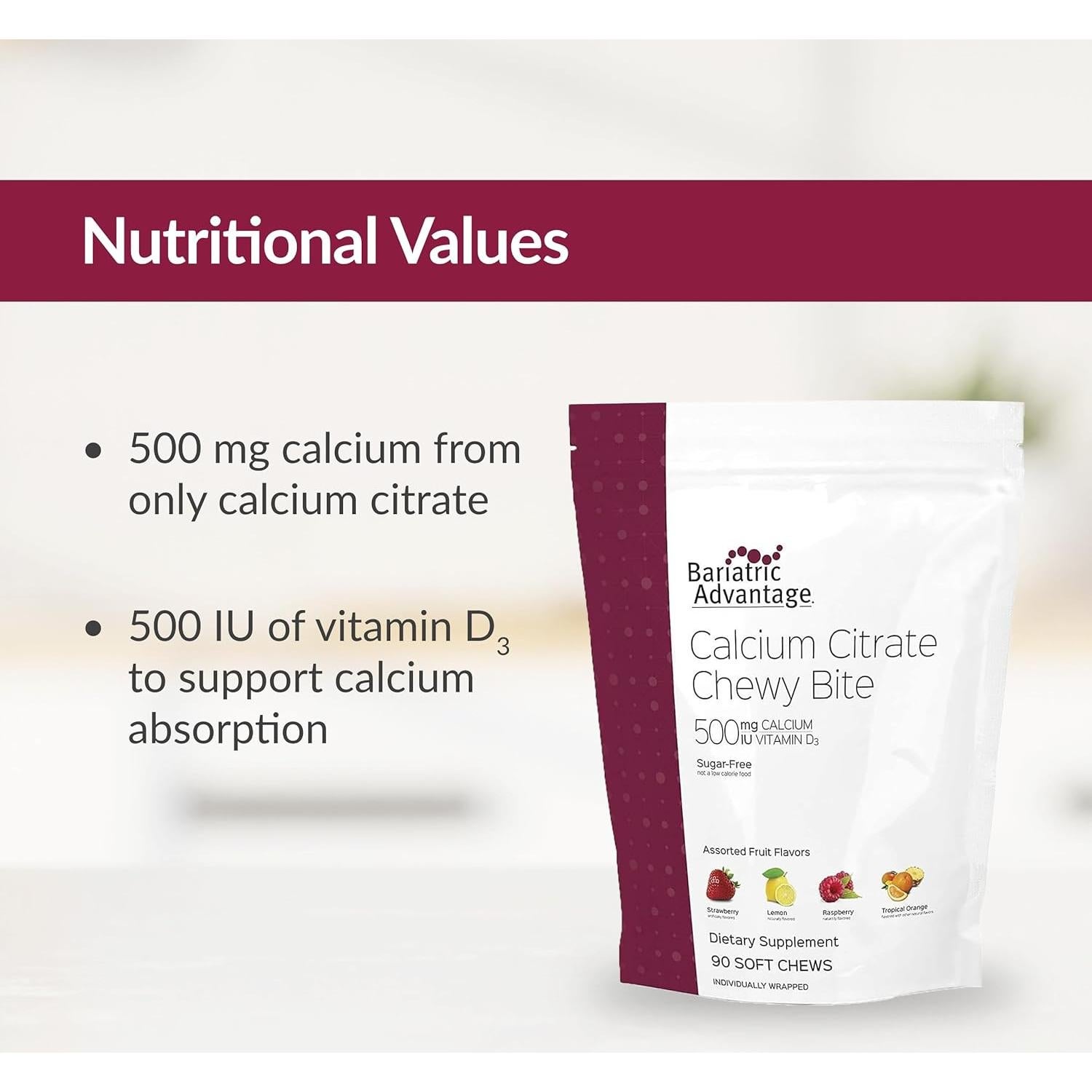 Bocados Masticables de Calcio Bariatric Advantage 500 mg - Frutas Variadas - 90 Unidades