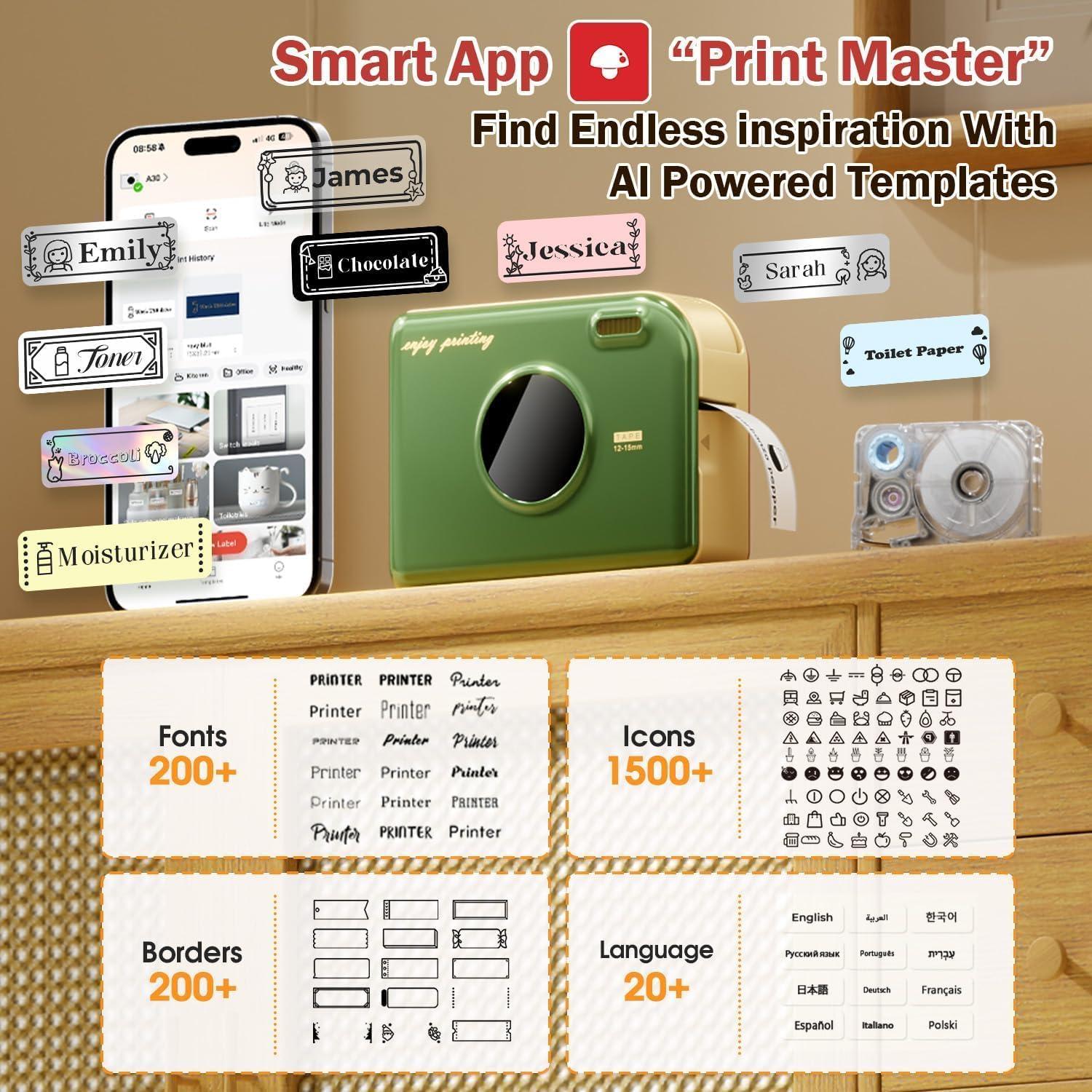 Phomemo Label Printer, A30 Label Maker Machine with Waterproof Labels, Mini Bluetooth Wireless Portable Small Label Maker, Mini Sticker Printer Rechargeable for Christmas Decorations, Cloth Name Tag