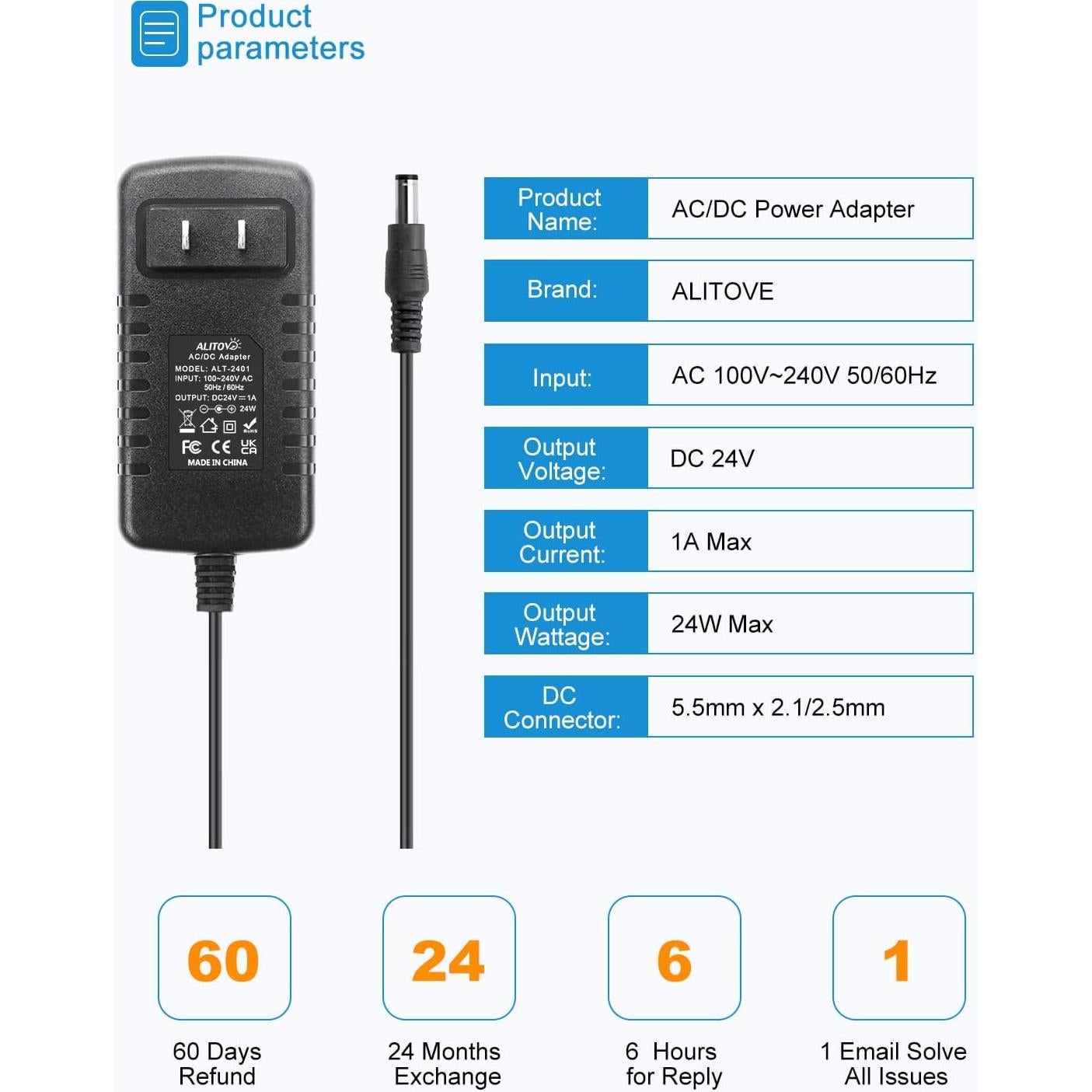 Adaptador de Fuente de Poder ALITOVE 24V 1A 24W DC Negro