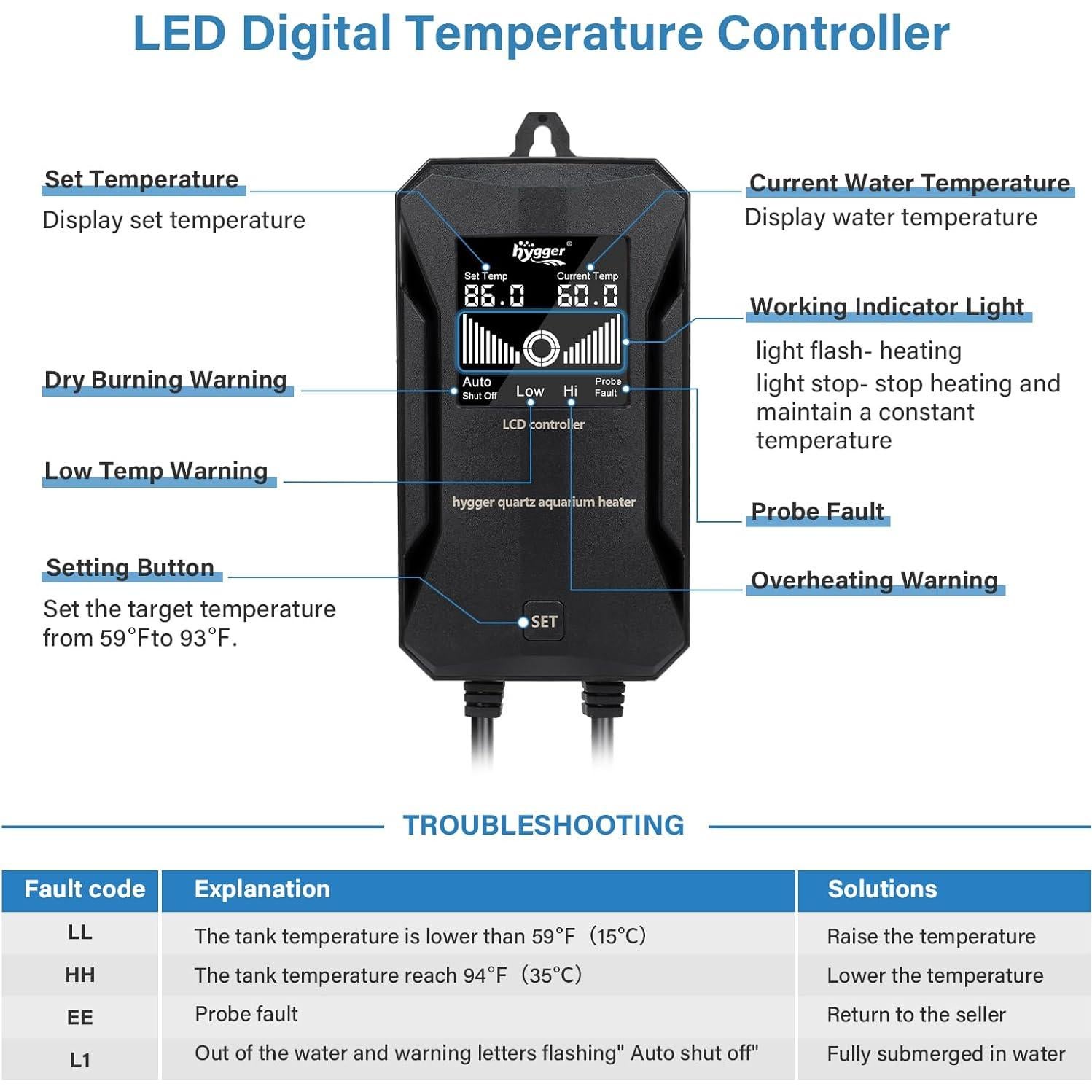 Calentador de Acuario Hygger HG079 100W Sumergible con Controlador Digital