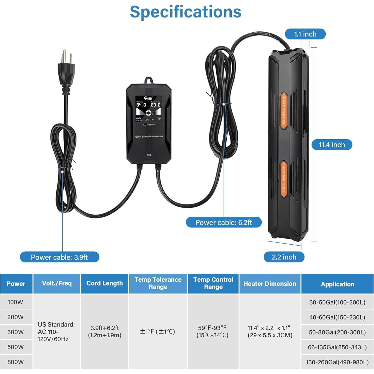 Calentador de Acuario Hygger HG079 100W Sumergible con Controlador Digital