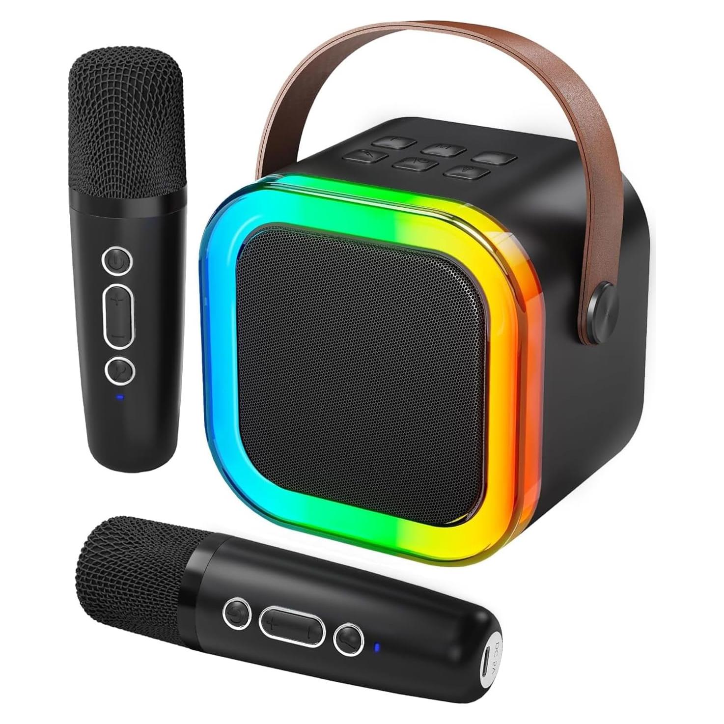 Mini Máquina de Karaoke Bluetooth Portátil con 2 Micrófonos - Negro