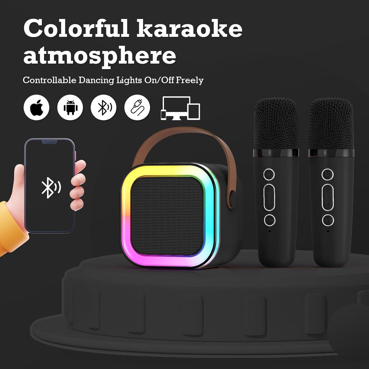Mini Máquina de Karaoke Bluetooth Portátil con 2 Micrófonos - Negro