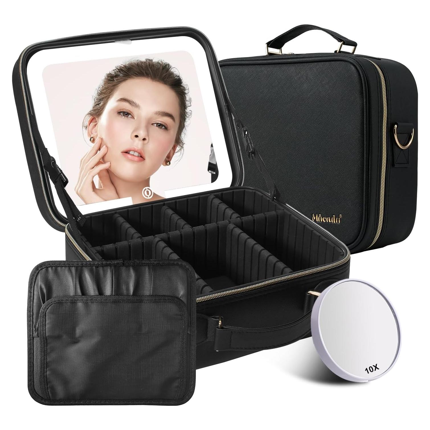 Bolsa de Maquillaje de Viaje Mocado con Espejo LED 10X Negro