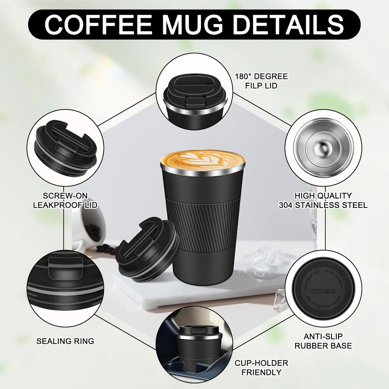 Taza de Viaje Aislada HGJSYUTM 355ml Negra a Prueba de Fugas