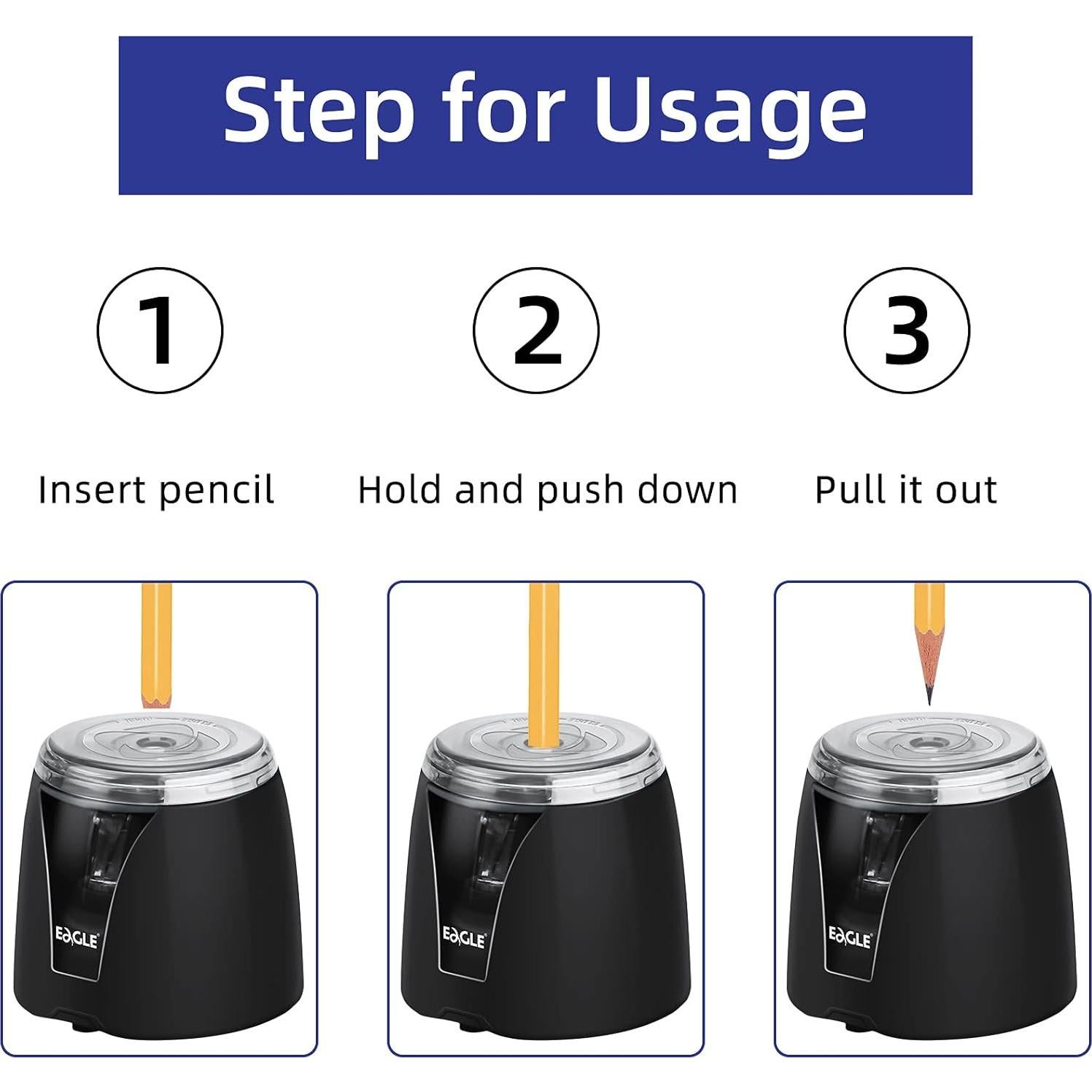 Sacapuntas Eléctrico Eagle Negro, Portátil, Cuchillas de Acero