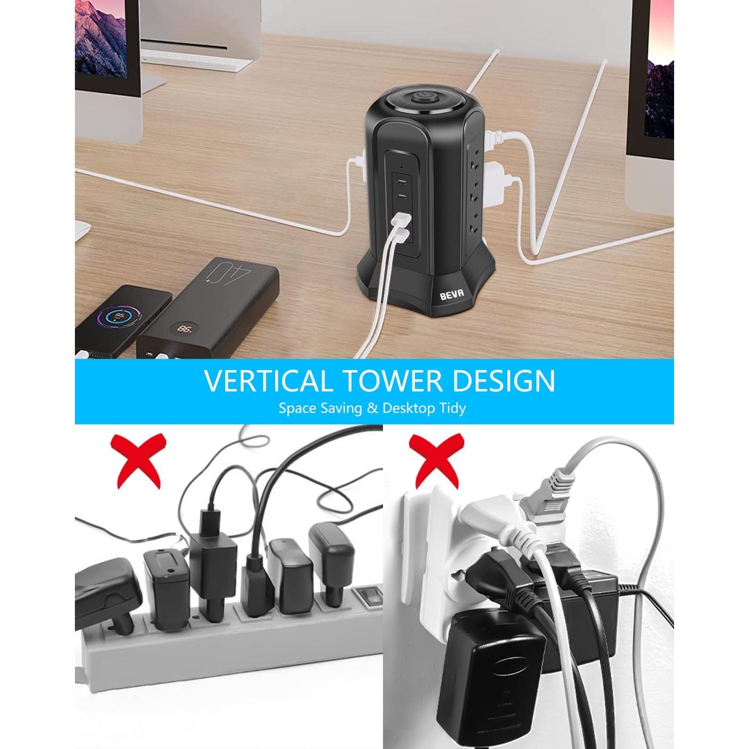 Regleta de Sobretensión BEVA Tower 13 en 1 con USB 1.98m
