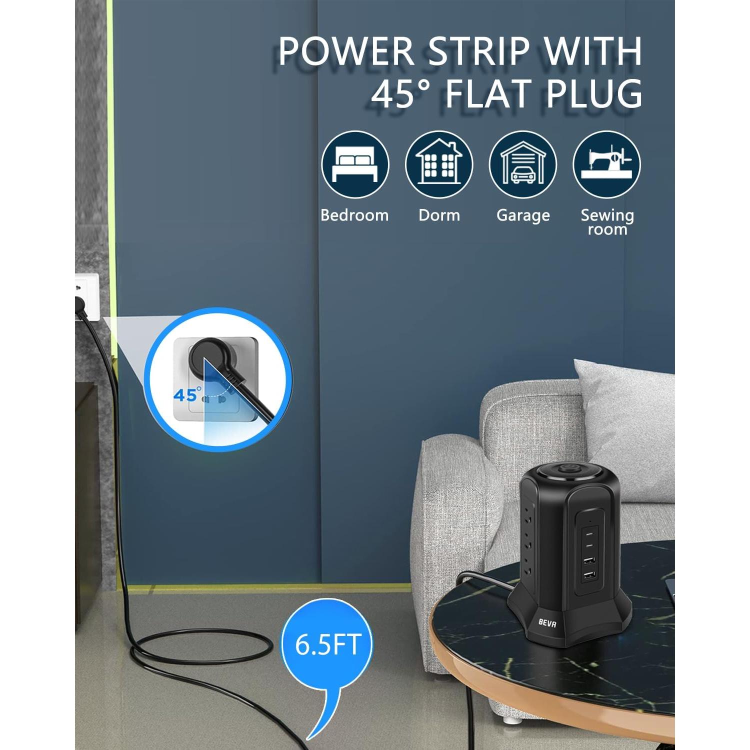 Regleta de Sobretensión BEVA Tower 13 en 1 con USB 1.98m