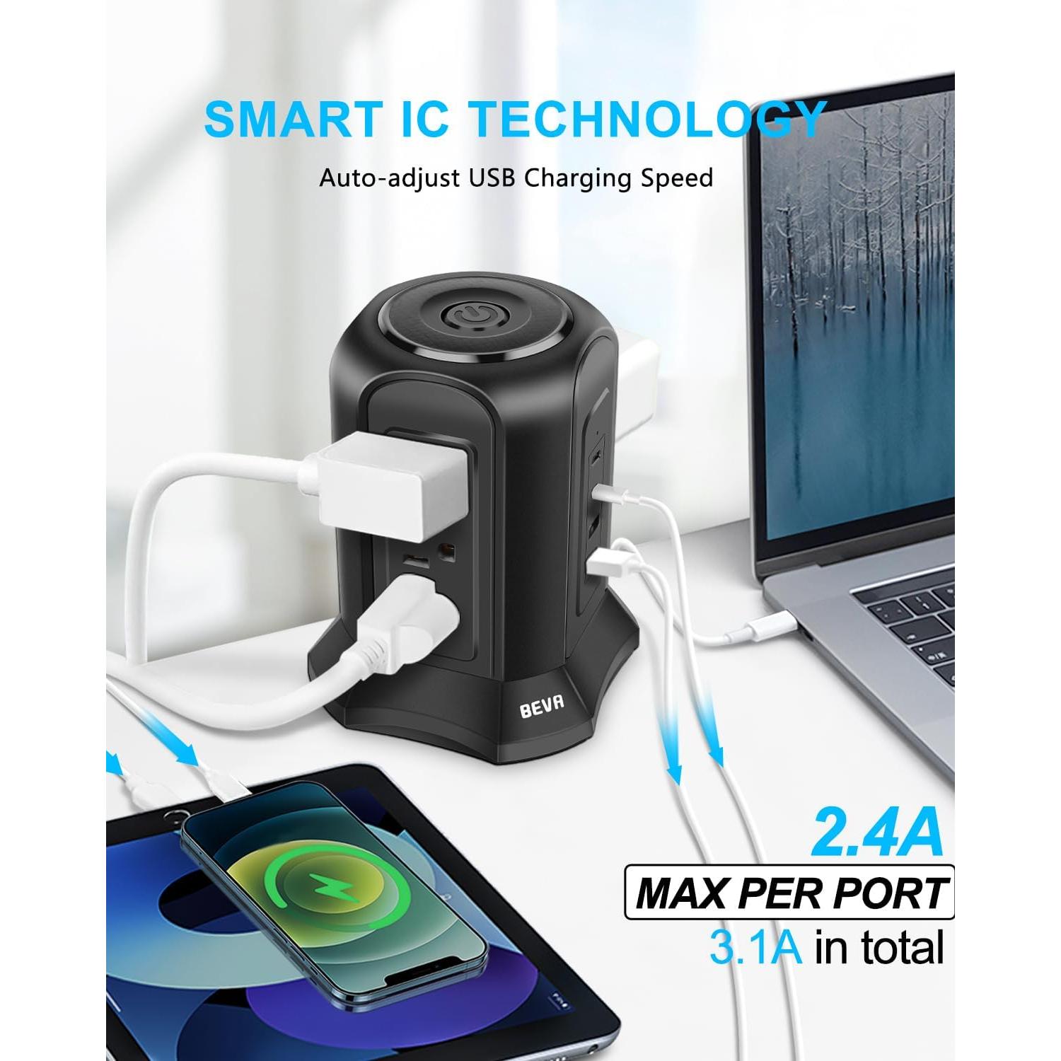 Regleta de Sobretensión BEVA Tower 13 en 1 con USB 1.98m