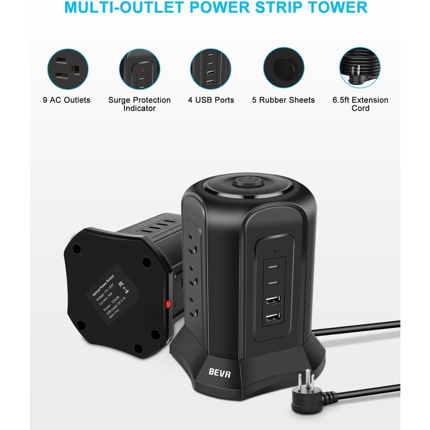 Regleta de Sobretensión BEVA Tower 13 en 1 con USB 1.98m