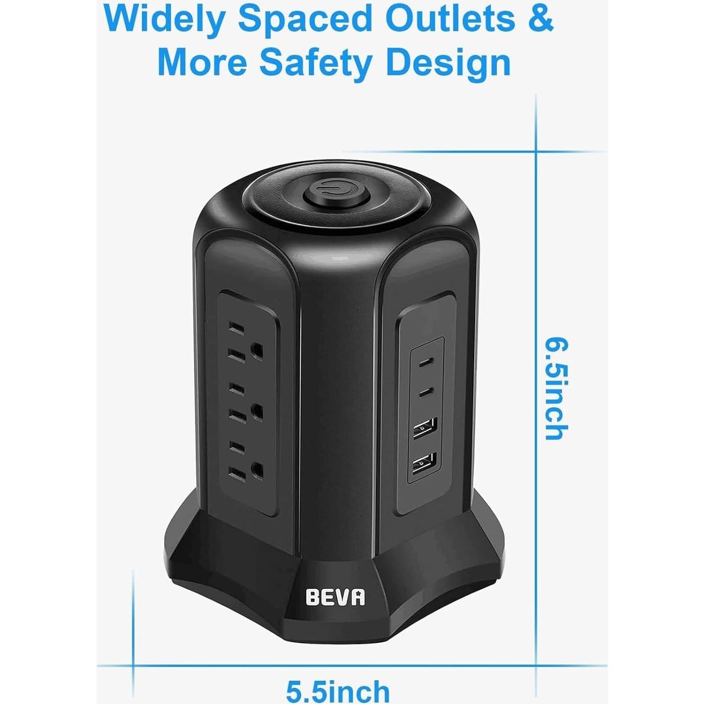 Regleta de Sobretensión BEVA Tower 13 en 1 con USB 1.98m