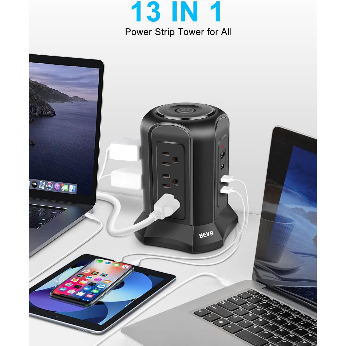 Regleta de Sobretensión BEVA Tower 13 en 1 con USB 1.98m