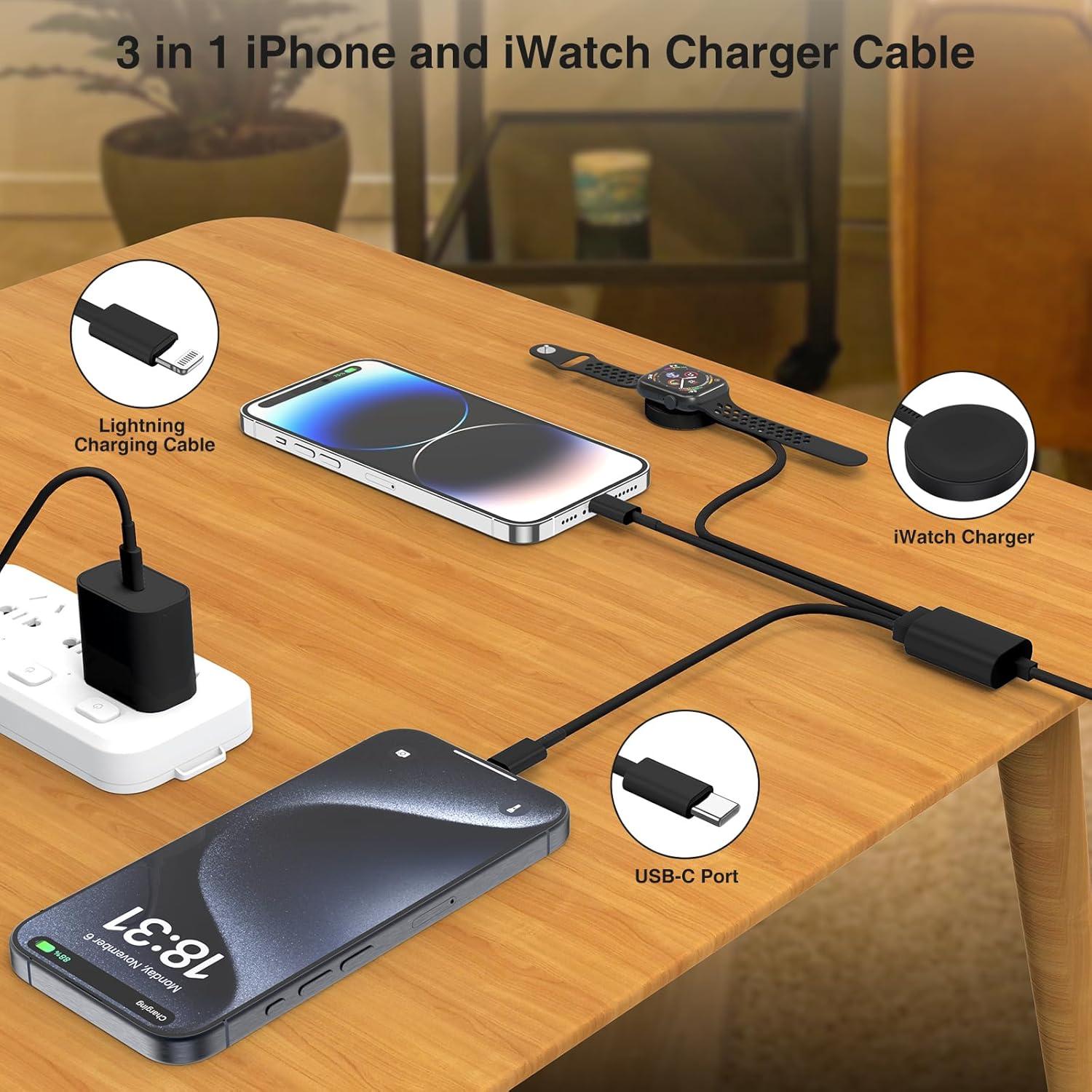 Cargador Magnético 3 en 1 QZIIW USB C 1.8m para Apple Watch