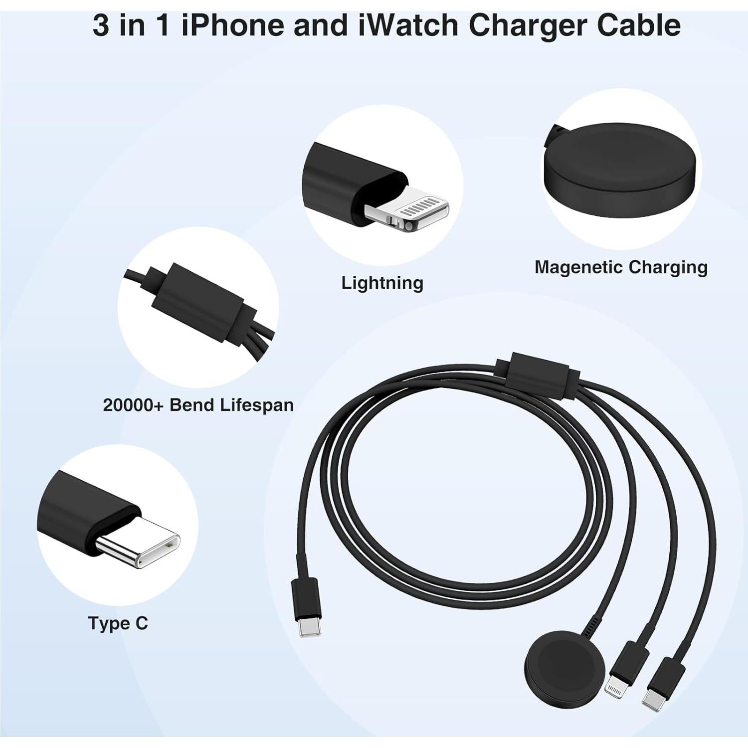 Cargador Magnético 3 en 1 QZIIW USB C 1.8m para Apple Watch