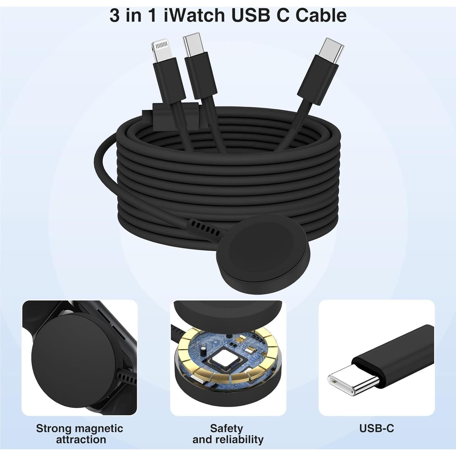 Cargador Magnético 3 en 1 QZIIW USB C 1.8m para Apple Watch