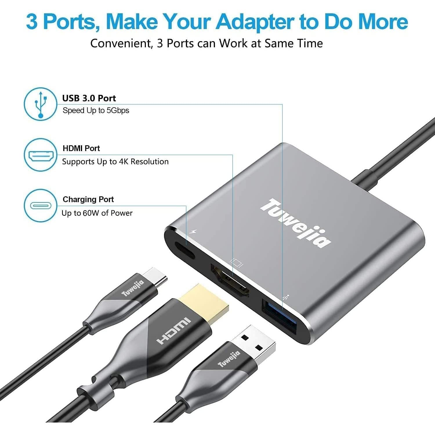 Adaptador Multiport USB C a HDMI Tuwejia 4K USB 3.0 Gris