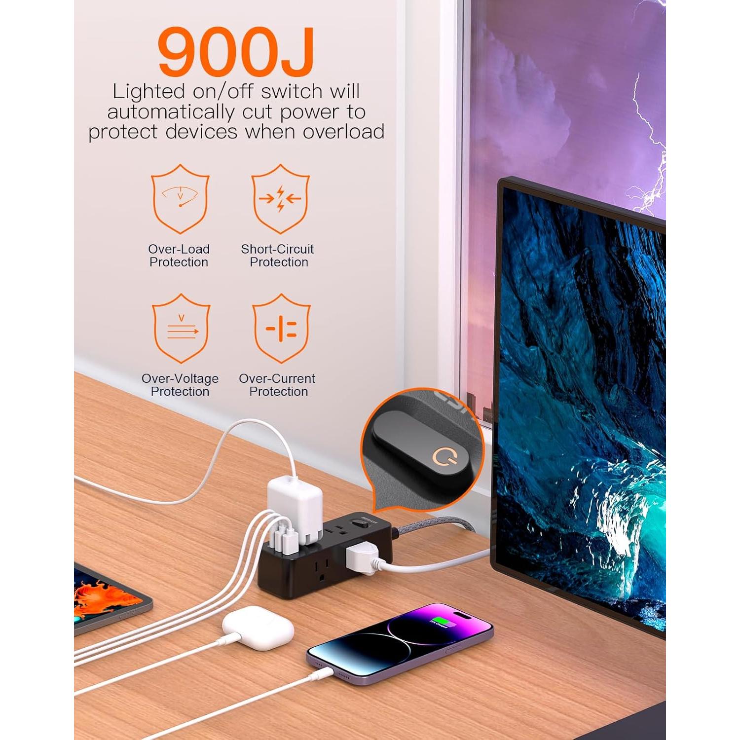 Tira de Alimentación BESHON 5FT con 6 Salidas y 3 USB