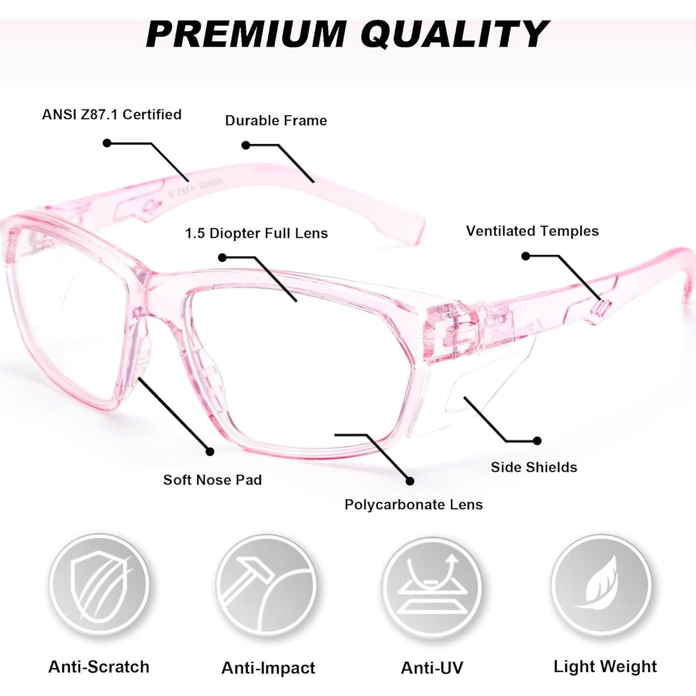 Gafas de Seguridad ProtectX Classic Rosa 1.5 Antivaho y Antirayones