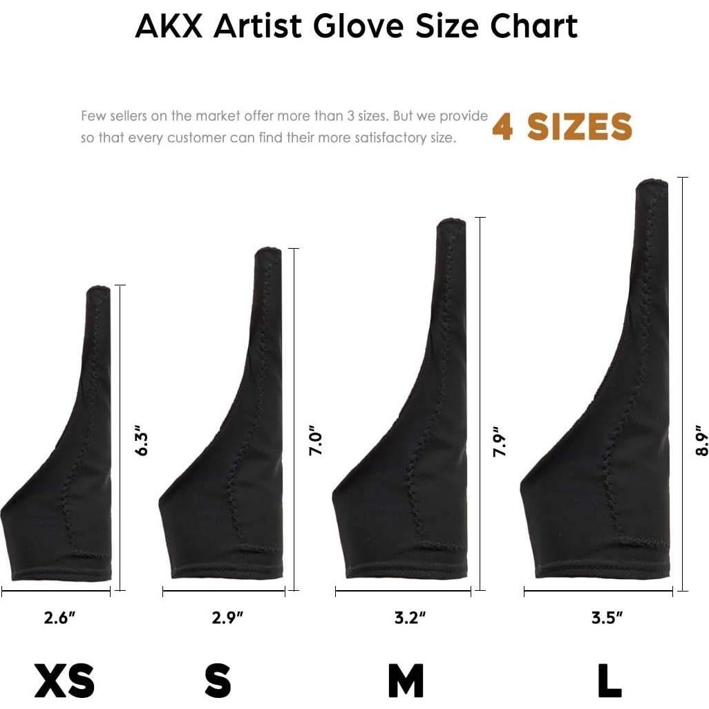 AKX Artist Glove XSmall - 2 Pack Palm Rejection Drawing Gloves for Graphic Tablet, iPad - Smudge Guard, Reduce Friction, 1-Finger, Elastic Lycra, Good for Left and Right Hand, Black | AK-01