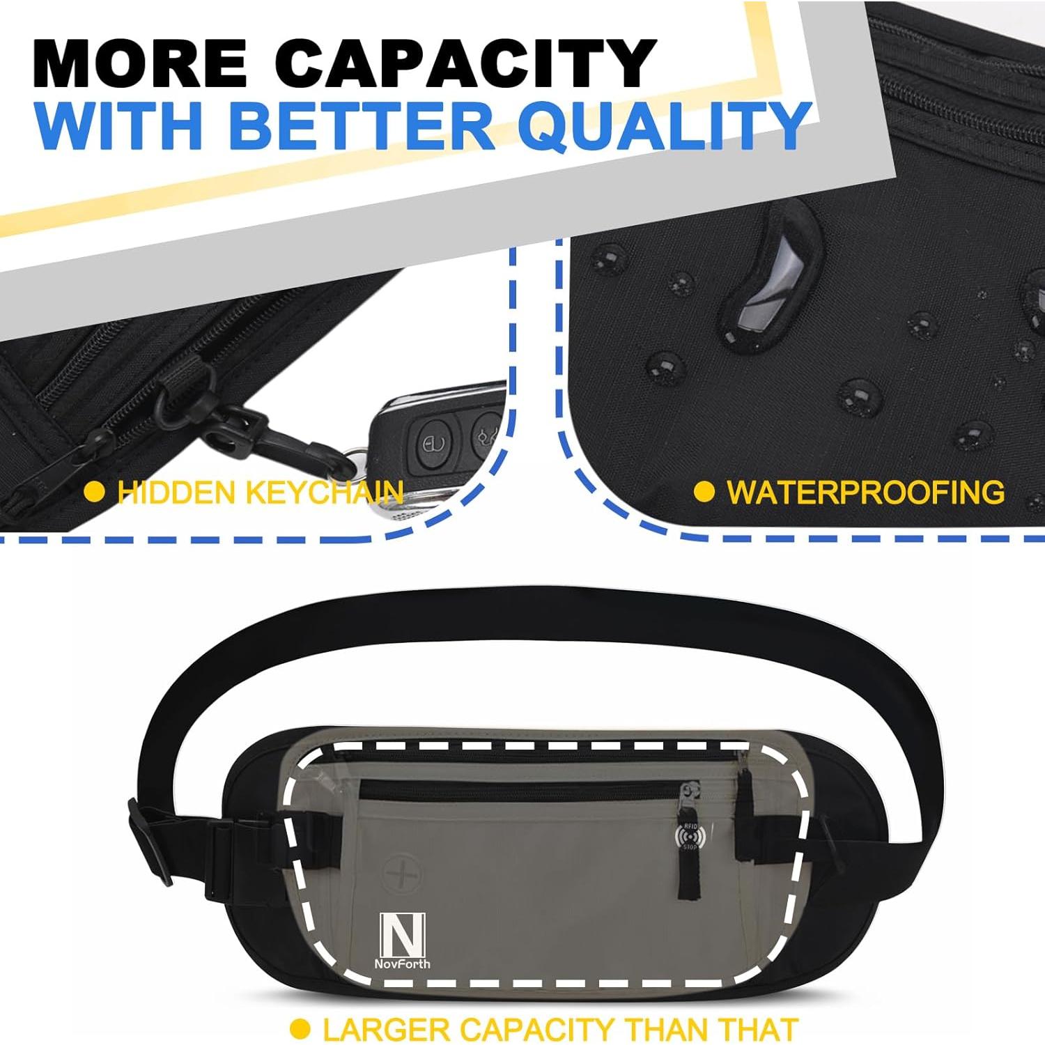 Cinturón de Dinero RFID NovForth Negro - Porta Pasaporte Impermeable