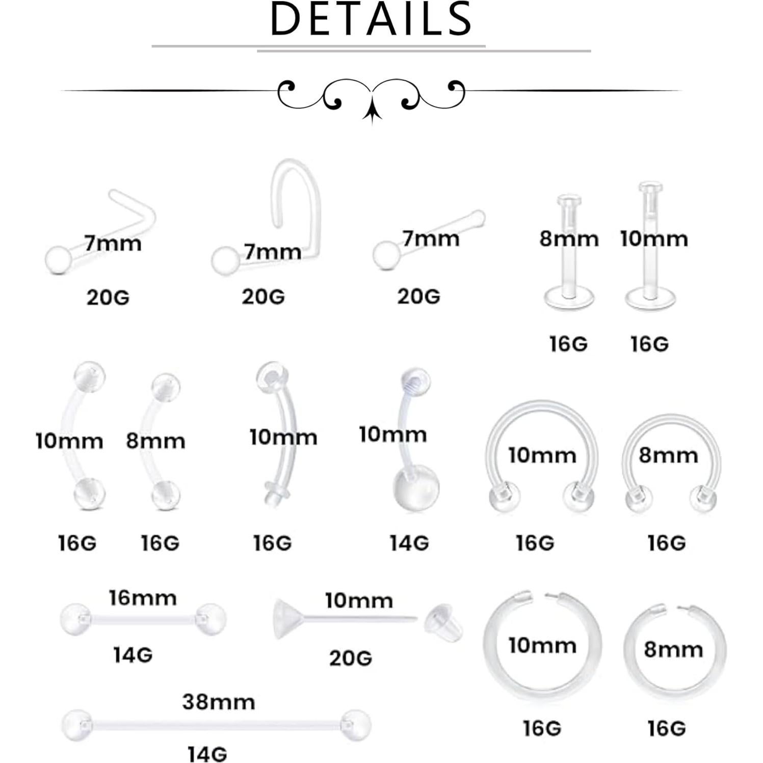 Conjunto de Piercing Transparente Fectas 38 Piezas Bioflex