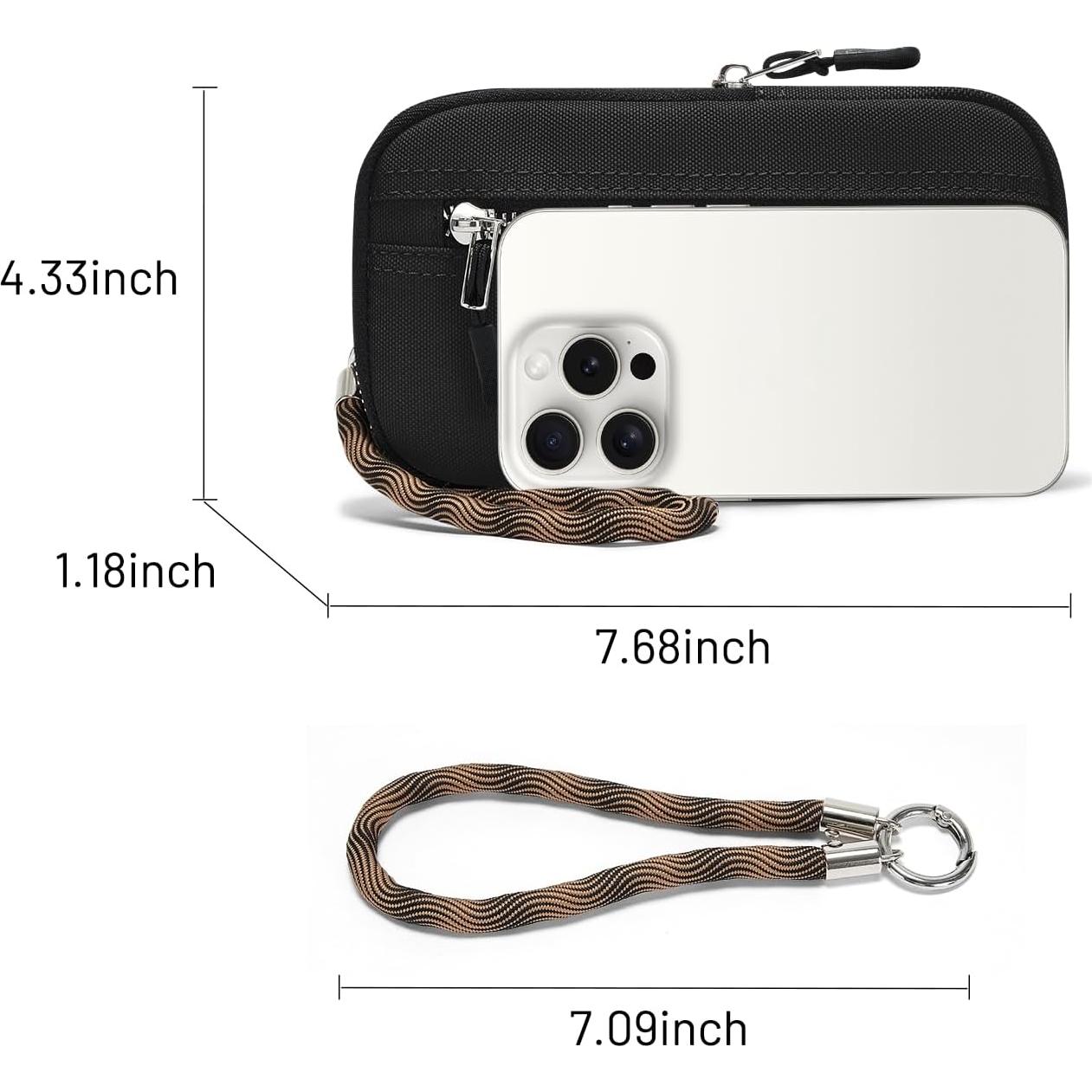 Cartera de muñeca unisex negra con 2 bolsillos y llavero