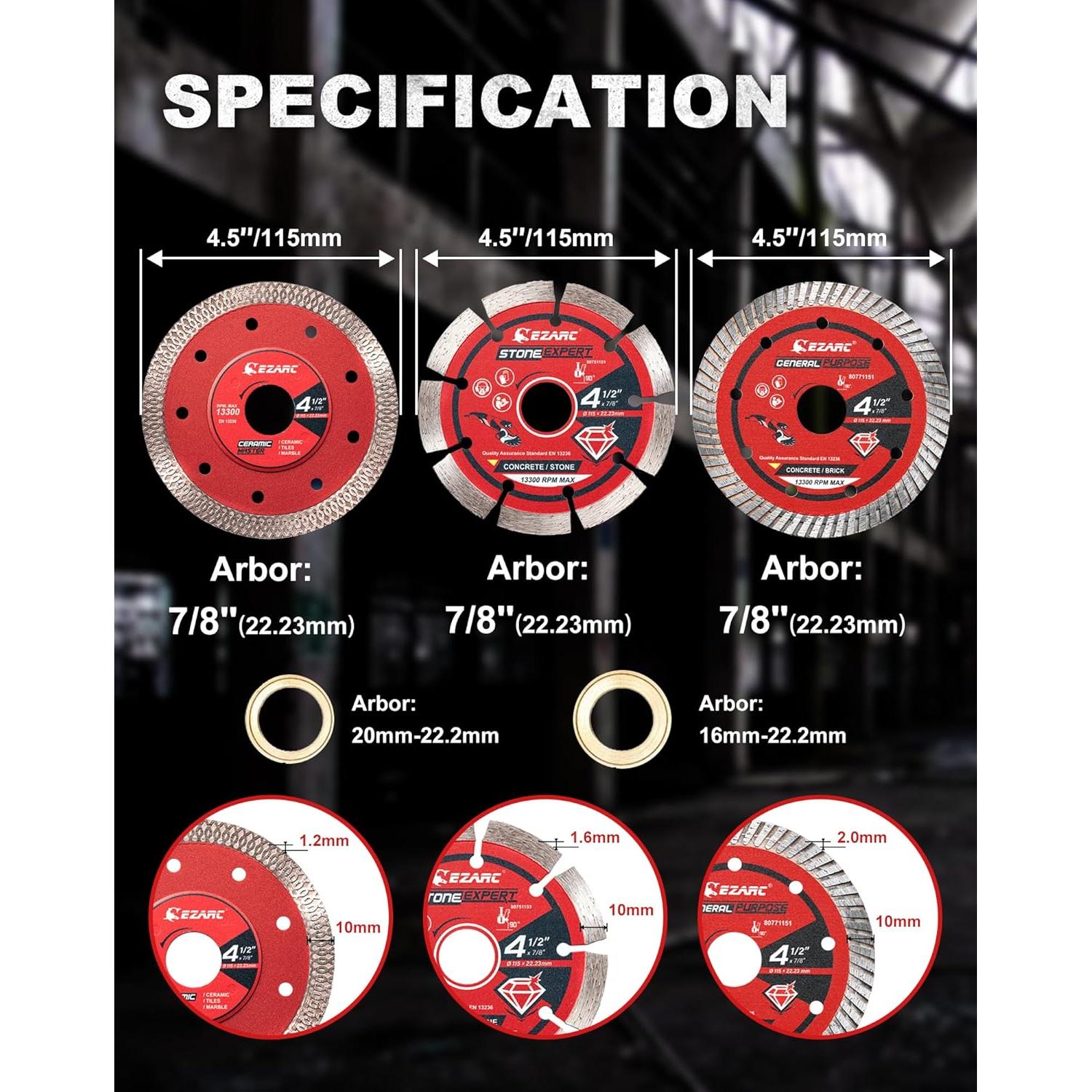 Hojas de sierra de diamante EZARC 4.5" para amoladora - 3PCS