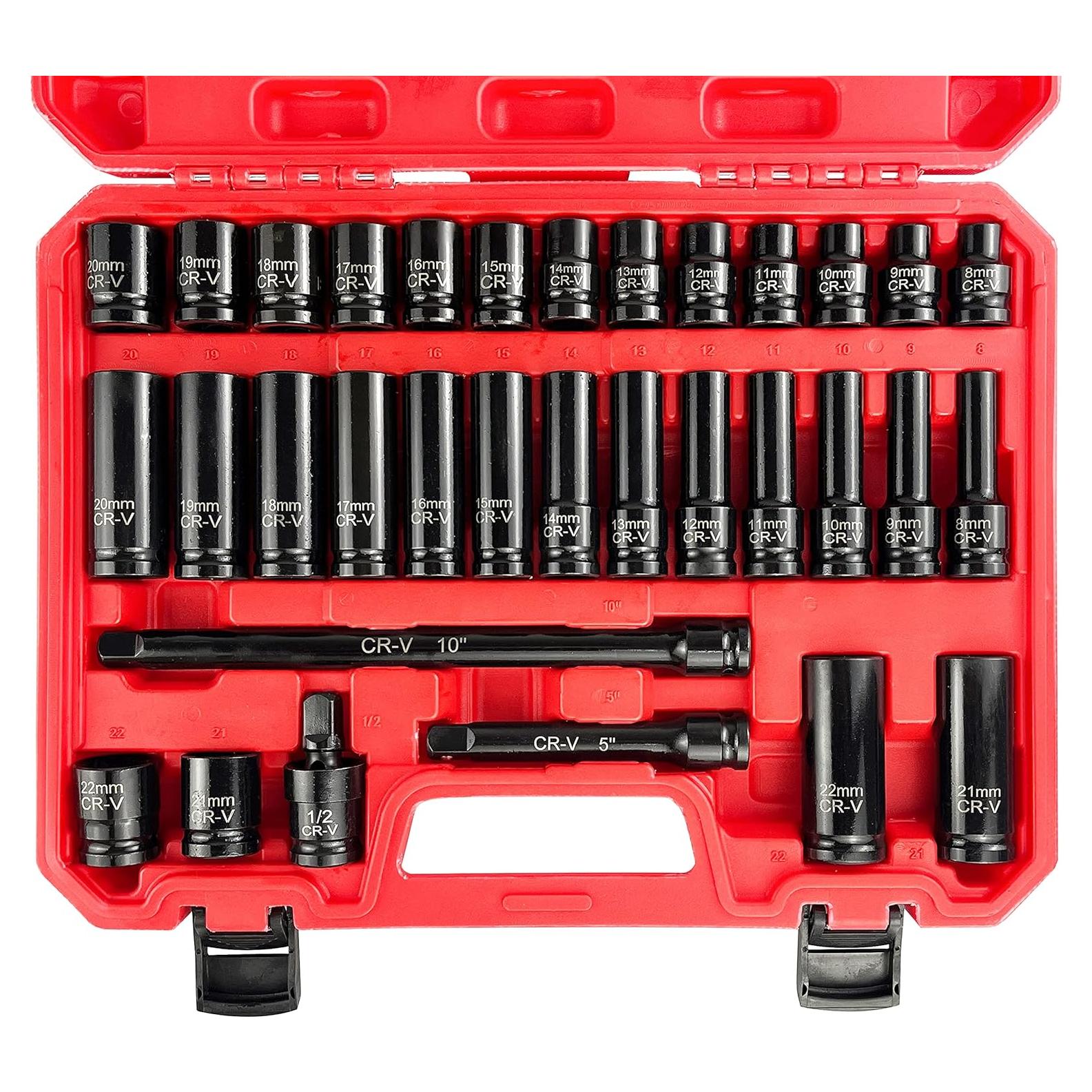 Juego de Enchufes de Impacto 33pcs EACELIY 1/2" (8-22mm) Acero Cr-V
