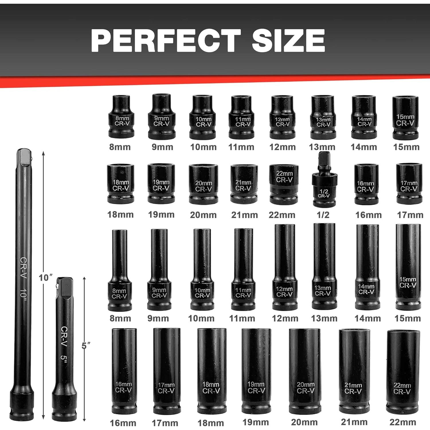 Juego de Enchufes de Impacto 33pcs EACELIY 1/2" (8-22mm) Acero Cr-V