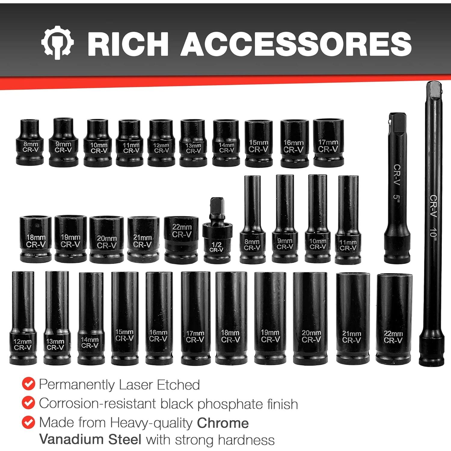 Juego de Enchufes de Impacto 33pcs EACELIY 1/2" (8-22mm) Acero Cr-V