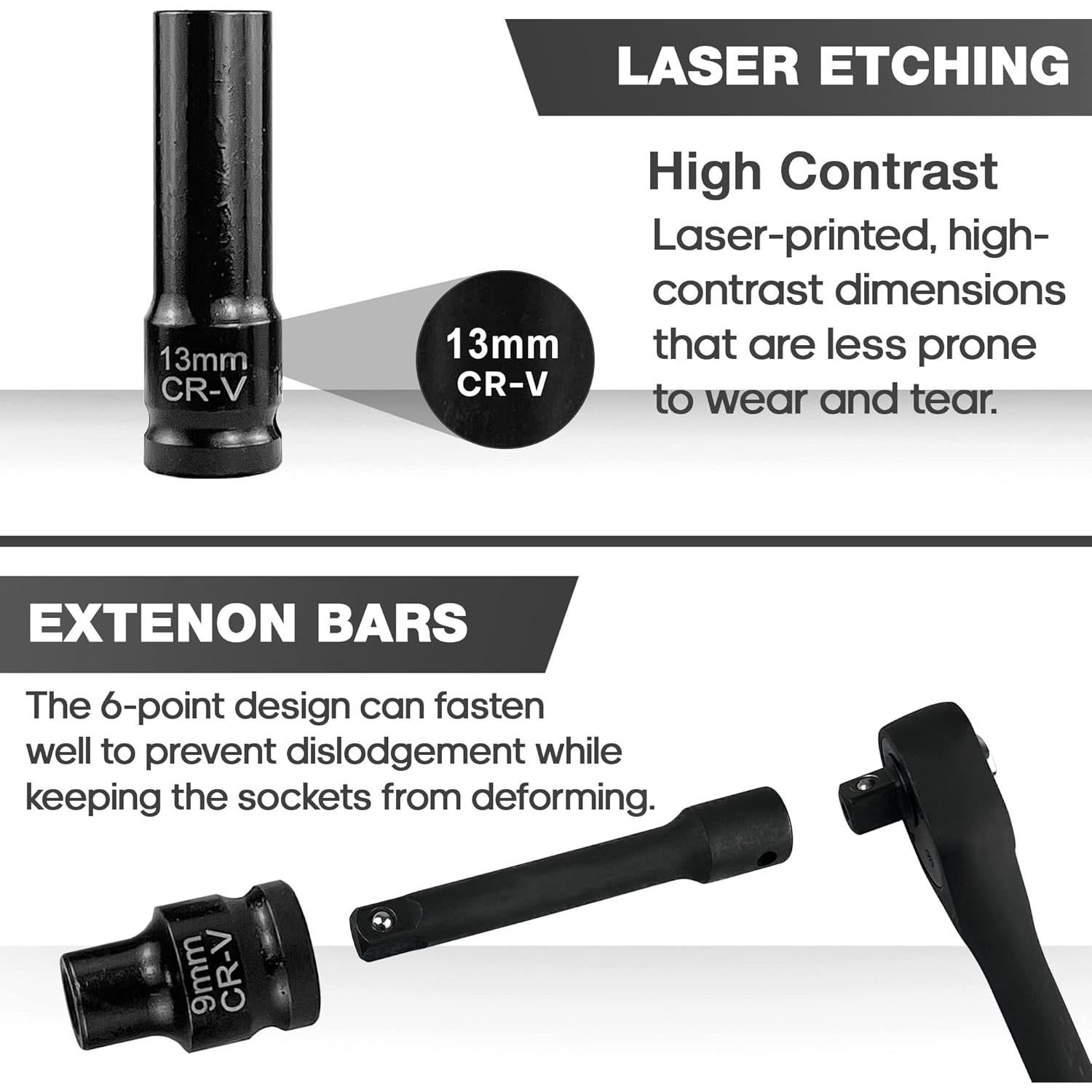 Juego de Enchufes de Impacto 33pcs EACELIY 1/2" (8-22mm) Acero Cr-V