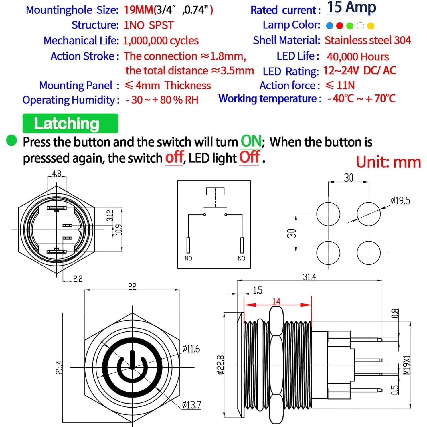 Interruptor de Botón ZJWZJH 15A 19mm 12/24V DC IP67 LED Azul