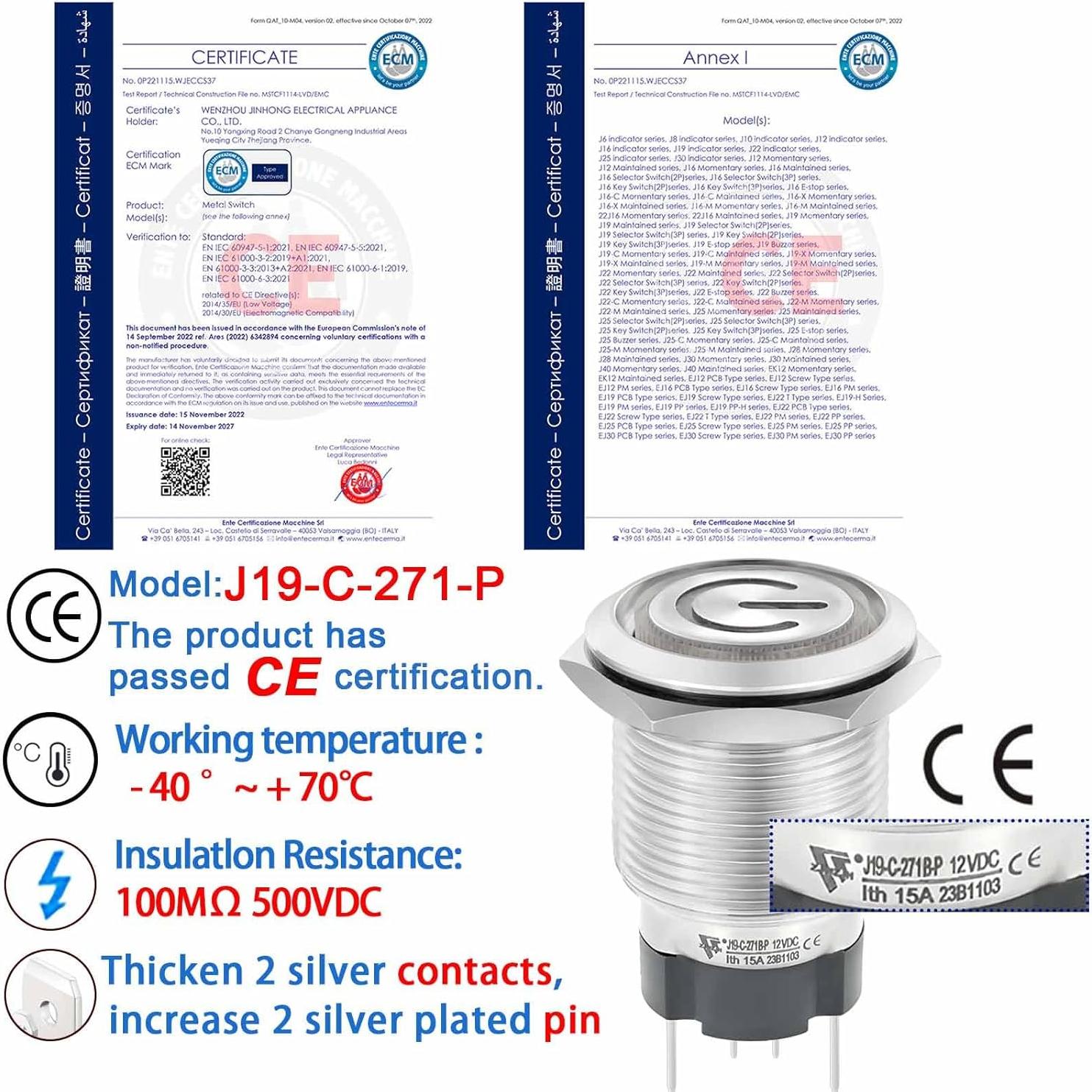 Interruptor de Botón ZJWZJH 15A 19mm 12/24V DC IP67 LED Azul