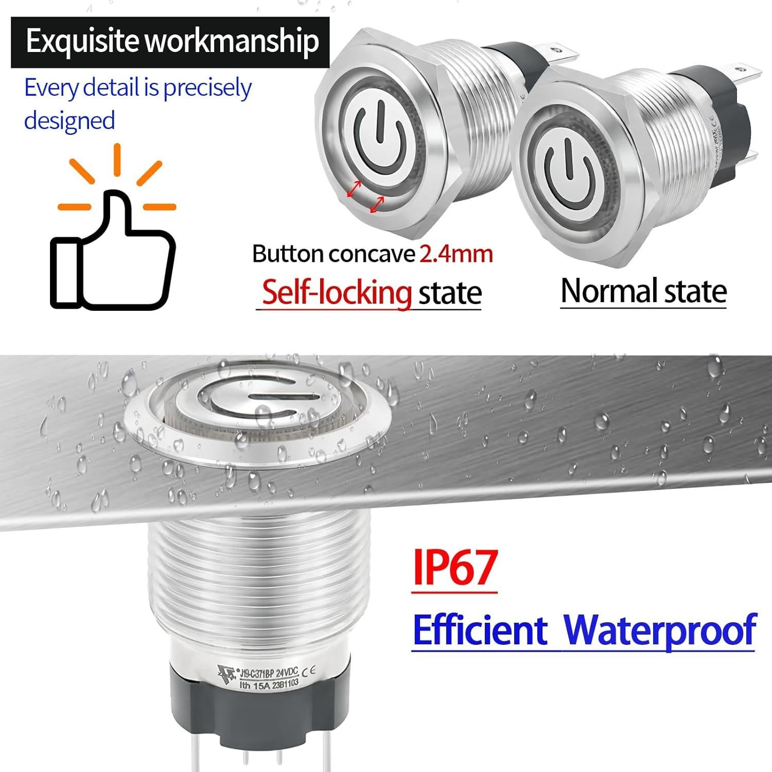 Interruptor de Botón ZJWZJH 15A 19mm 12/24V DC IP67 LED Azul