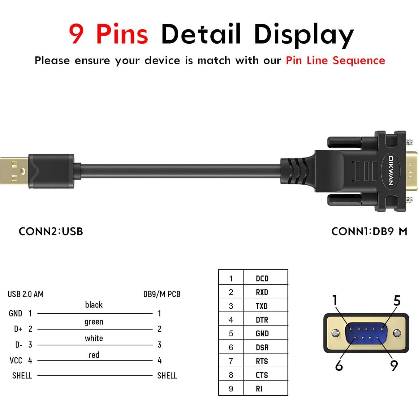 Cable USB a RS232 Serial DB9 Macho OIKWAN 2-Pack 1.83m