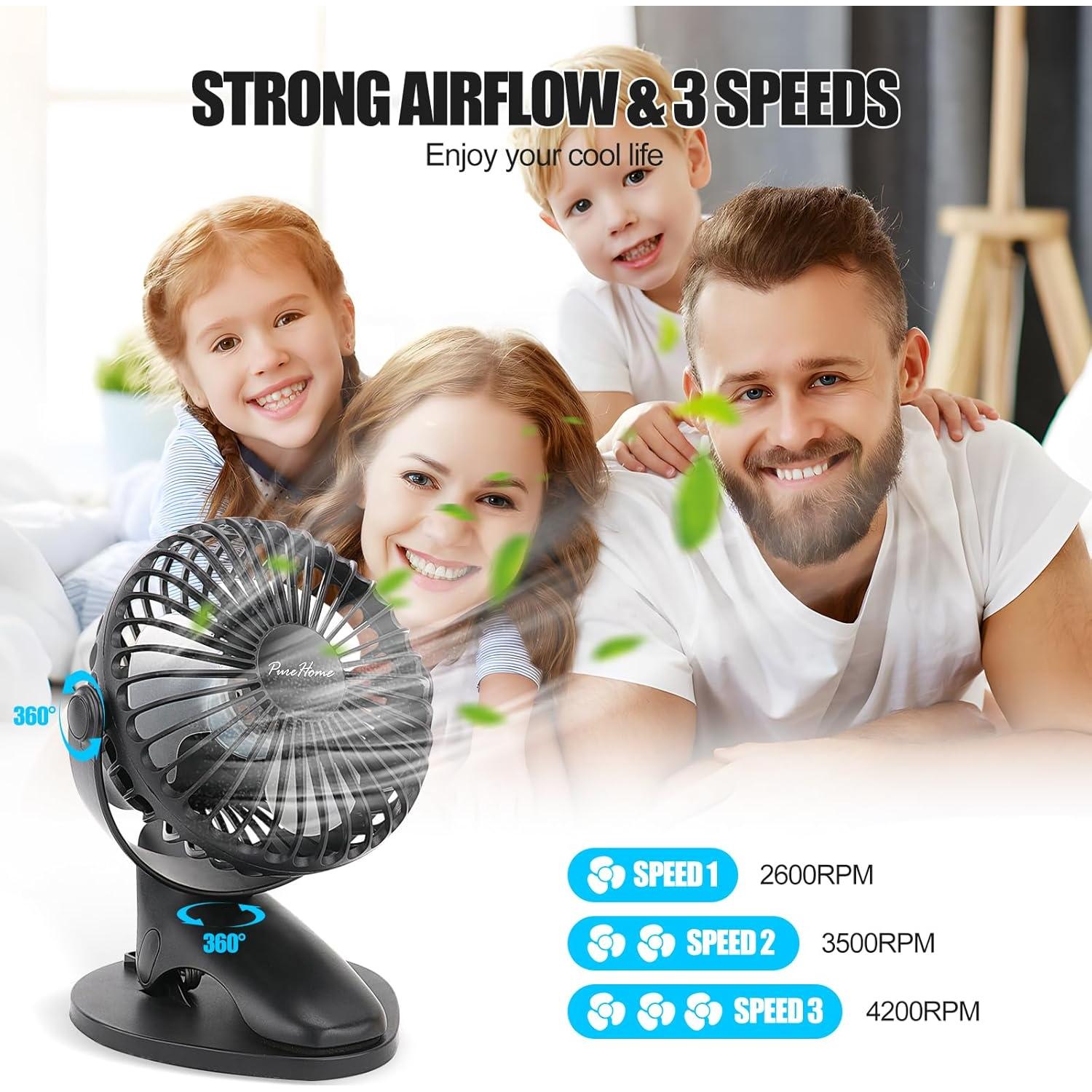 Ventilador Clip Portátil PureHome BlackFanH01 3 Velocidades