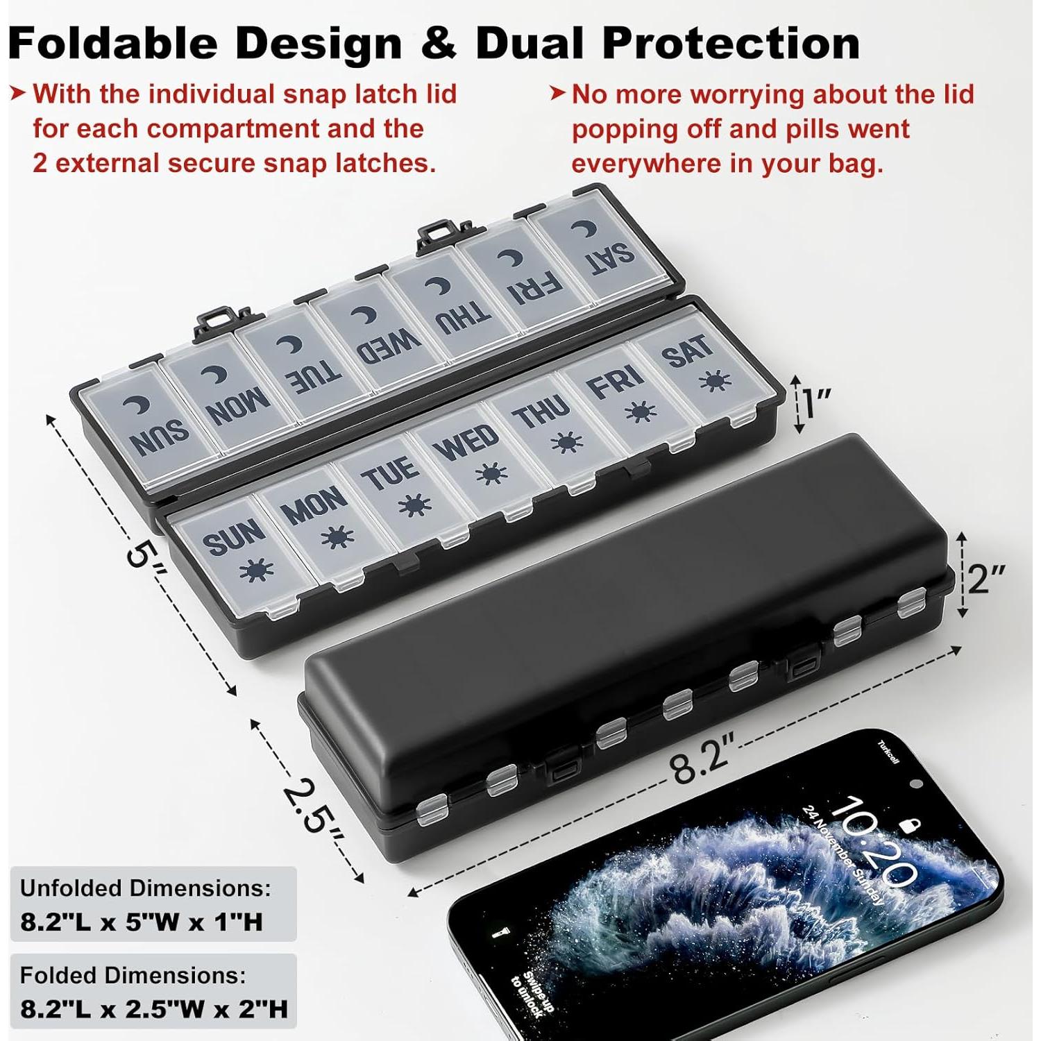 Organizador de Pastillas Plegable AOZITA 7 Días AM PM Negro