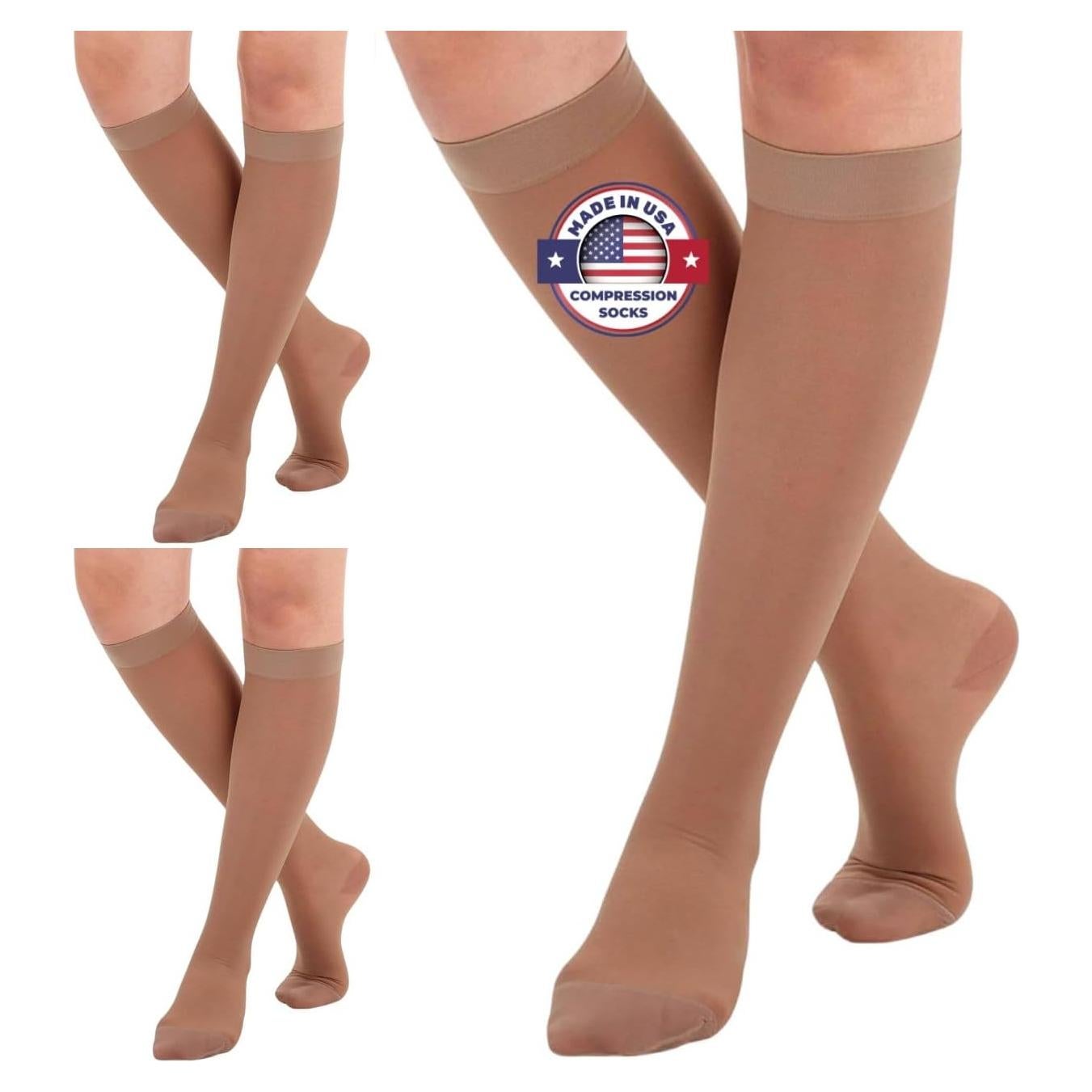 (3 Pairs - Closed Toe) Made in USA - Compression Stockings for Women 15-20mmHg - Sheer Compression Socks for Edema, Pregnancy, Diabetic, Post Surgery Recovery - Beige, Small - A101BE1-3