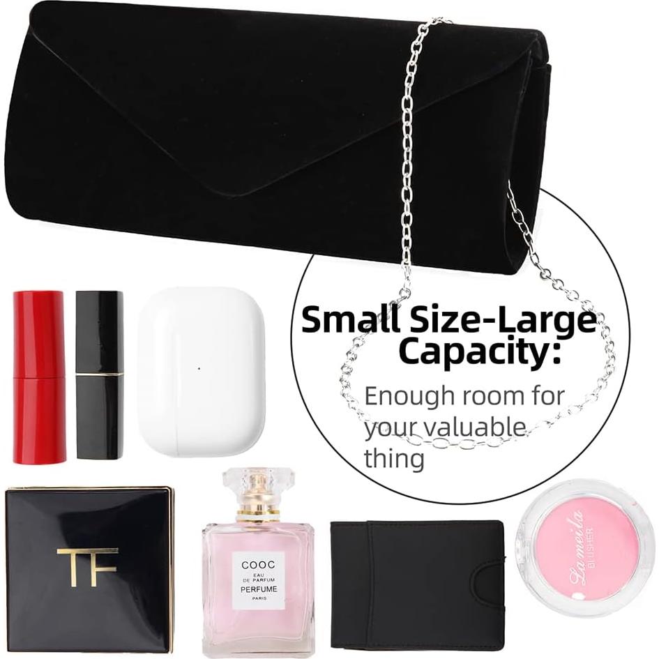 Bolso de Noche YIXUND Negro de Terciopelo con Cadena Desmontable
