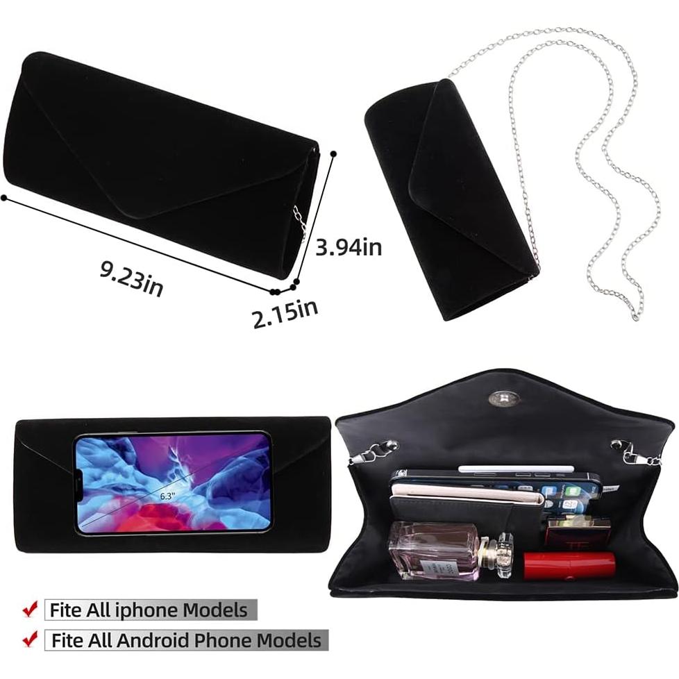 Bolso de Noche YIXUND Negro de Terciopelo con Cadena Desmontable