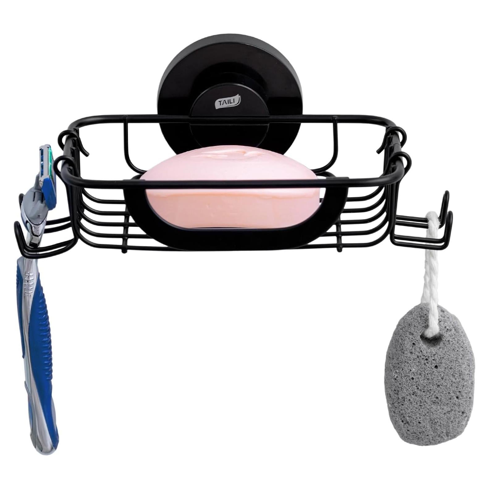 Soporte de Jabón TAILI Negro con Ventosa y Ganchos 14.2x11.7cm