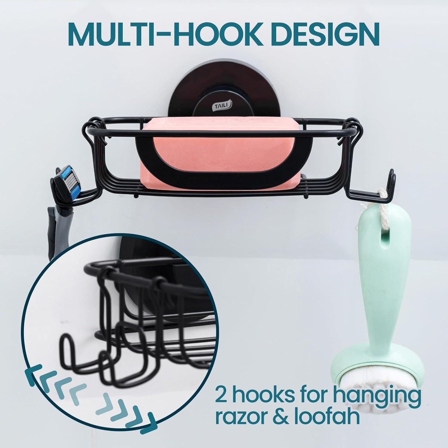 Soporte de Jabón TAILI Negro con Ventosa y Ganchos 14.2x11.7cm