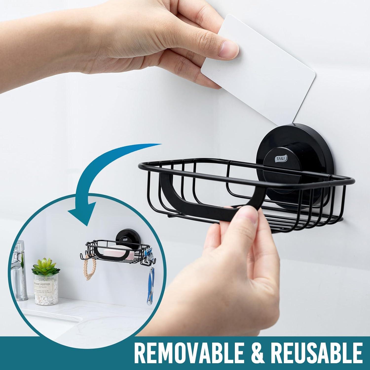 Soporte de Jabón TAILI Negro con Ventosa y Ganchos 14.2x11.7cm