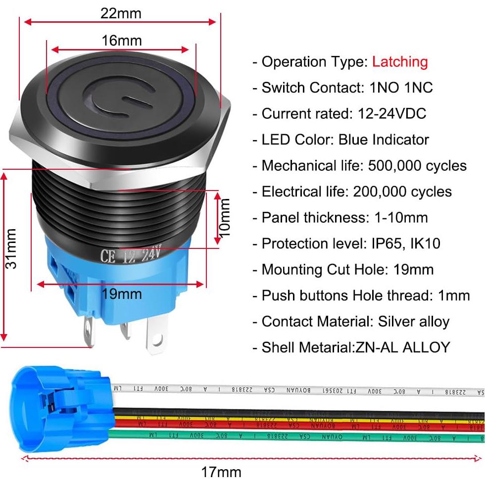 Interruptor de Botón de Presión Gebildet 19mm Acero Inoxidable LED Azul