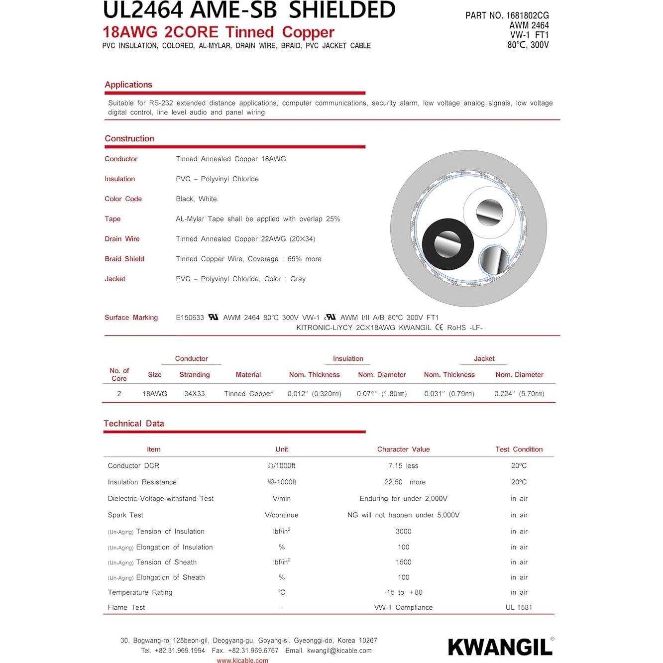 Cable Escudado 18AWG 2C KWANGIL 7.62m PVC Flexible